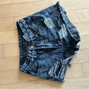 SHEIN Black Acid-Wash Distressed Denim Shorts